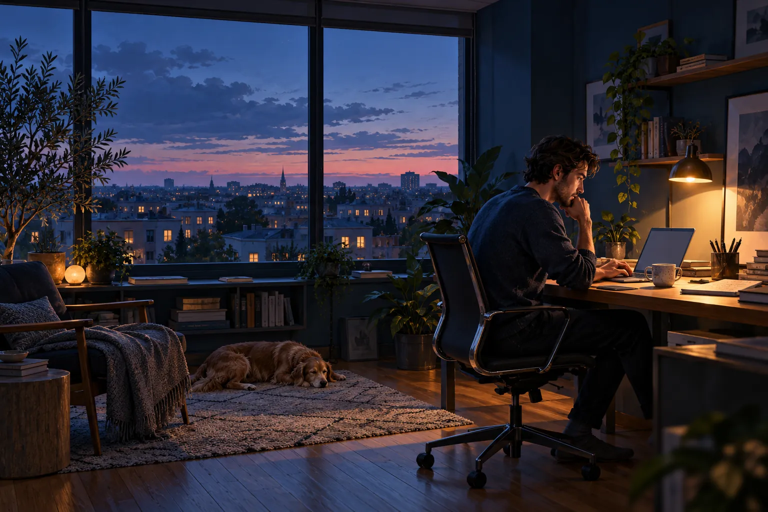 A founder working quietly at a laptop as evening falls outside the window.